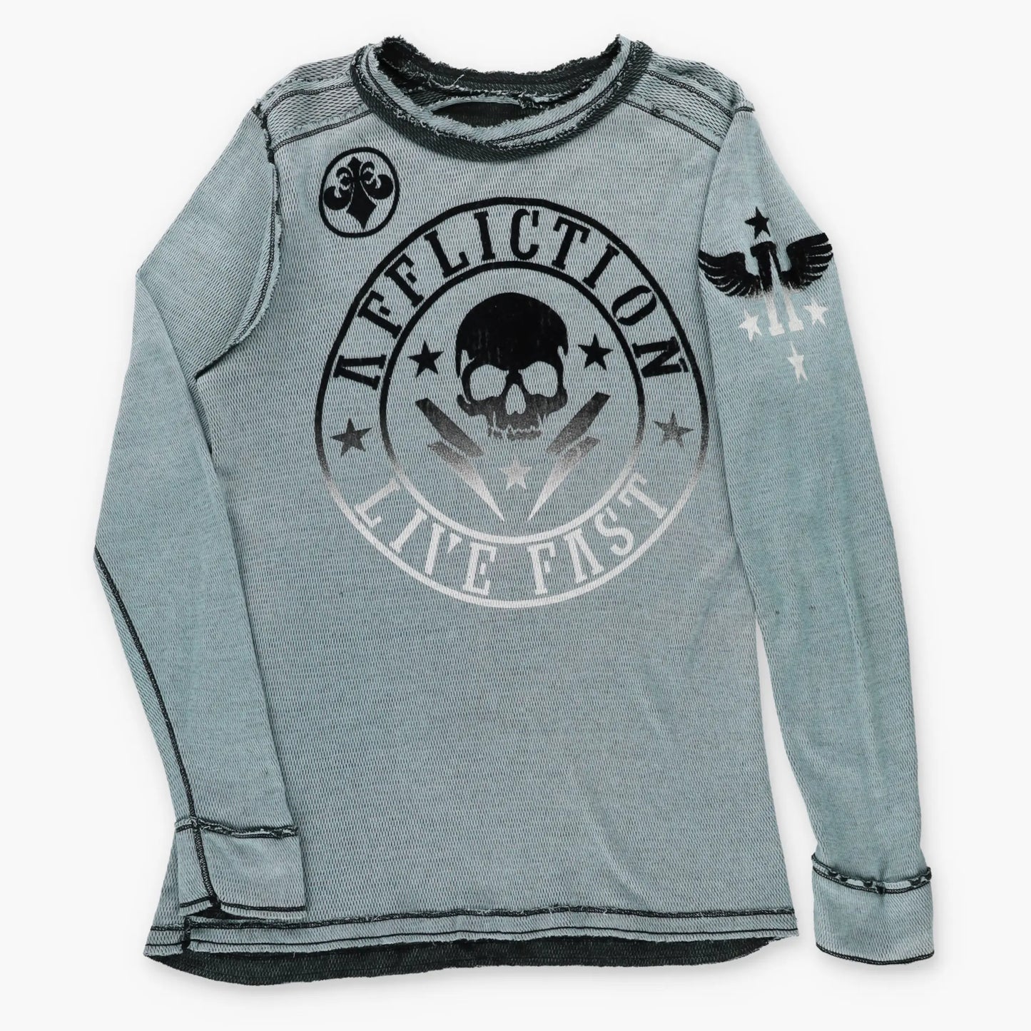 Vintage AFFLICTION Reversible Y2K Velvet Detailing Thermal Long Sleeve Tee USA Made (L-XL TALL)