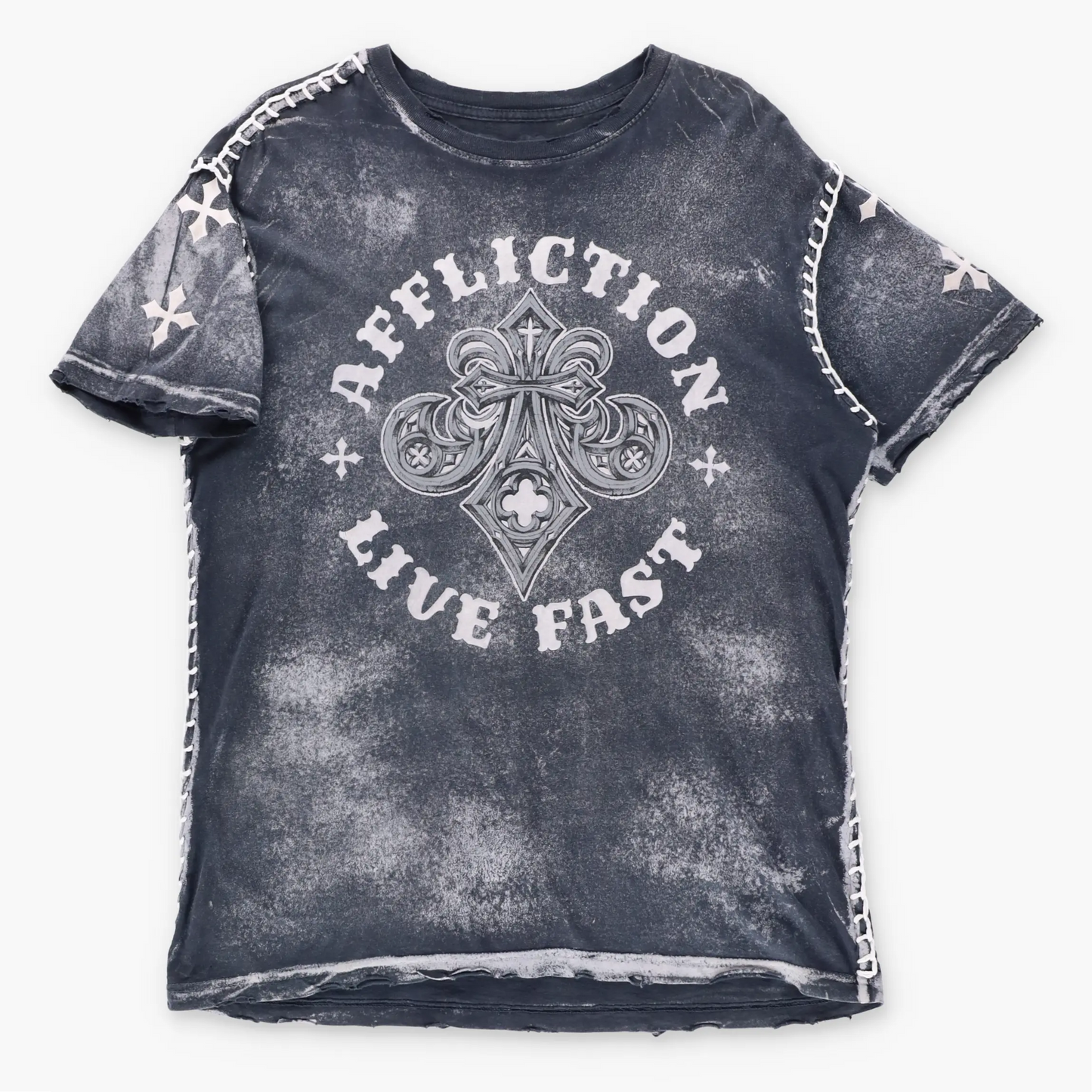 Vintage AFFLICTION "Live Fast" Y2K Velvet & Stitching Detail USA Made T-Shirt (M-L TALL)