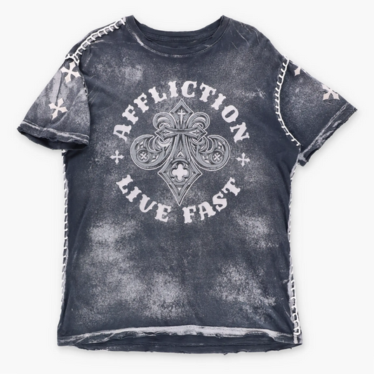 Vintage AFFLICTION "Live Fast" Y2K Velvet & Stitching Detail USA Made T-Shirt (M-L TALL)