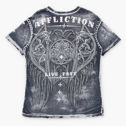 Vintage AFFLICTION "Live Fast" Y2K Velvet & Stitching Detail USA Made T-Shirt (M-L TALL)