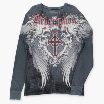 RAW STATE "Redemption" Red Foil Spell Out Logo & Skulls Y2K Thermal Tee (XXL TALL)