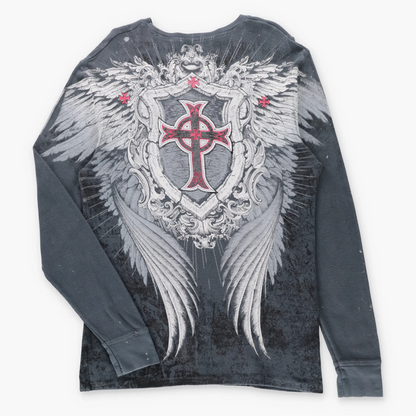 RAW STATE "Redemption" Red Foil Spell Out Logo & Skulls Y2K Thermal Tee (XXL TALL)