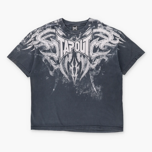 Vintage TAPOUT Spell Out Logo Y2K Faded Black Wrestling Tee (XXL)
