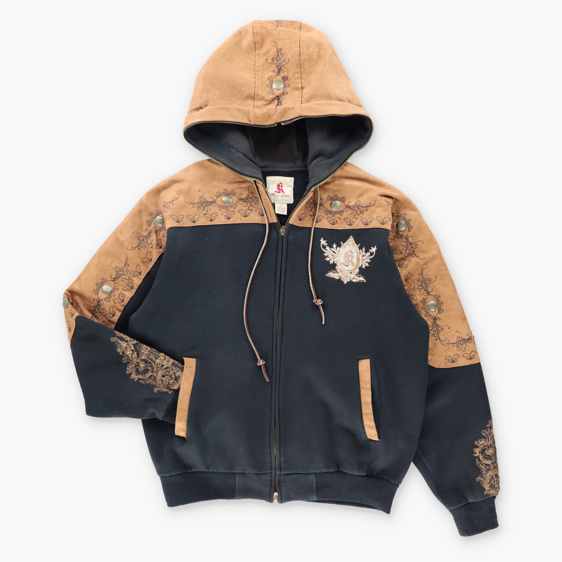 Vintage KANJI JEANS Embroidered Faux Suede & Medallion Detail Full Zip Hoodie Sweatshirt (L) ***COCO Vintage Sole Melbourne