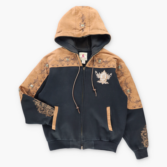 Vintage KANJI JEANS Embroidered Faux Suede & Medallion Detail Full Zip Hoodie Sweatshirt (L) ***COCO Vintage Sole Melbourne
