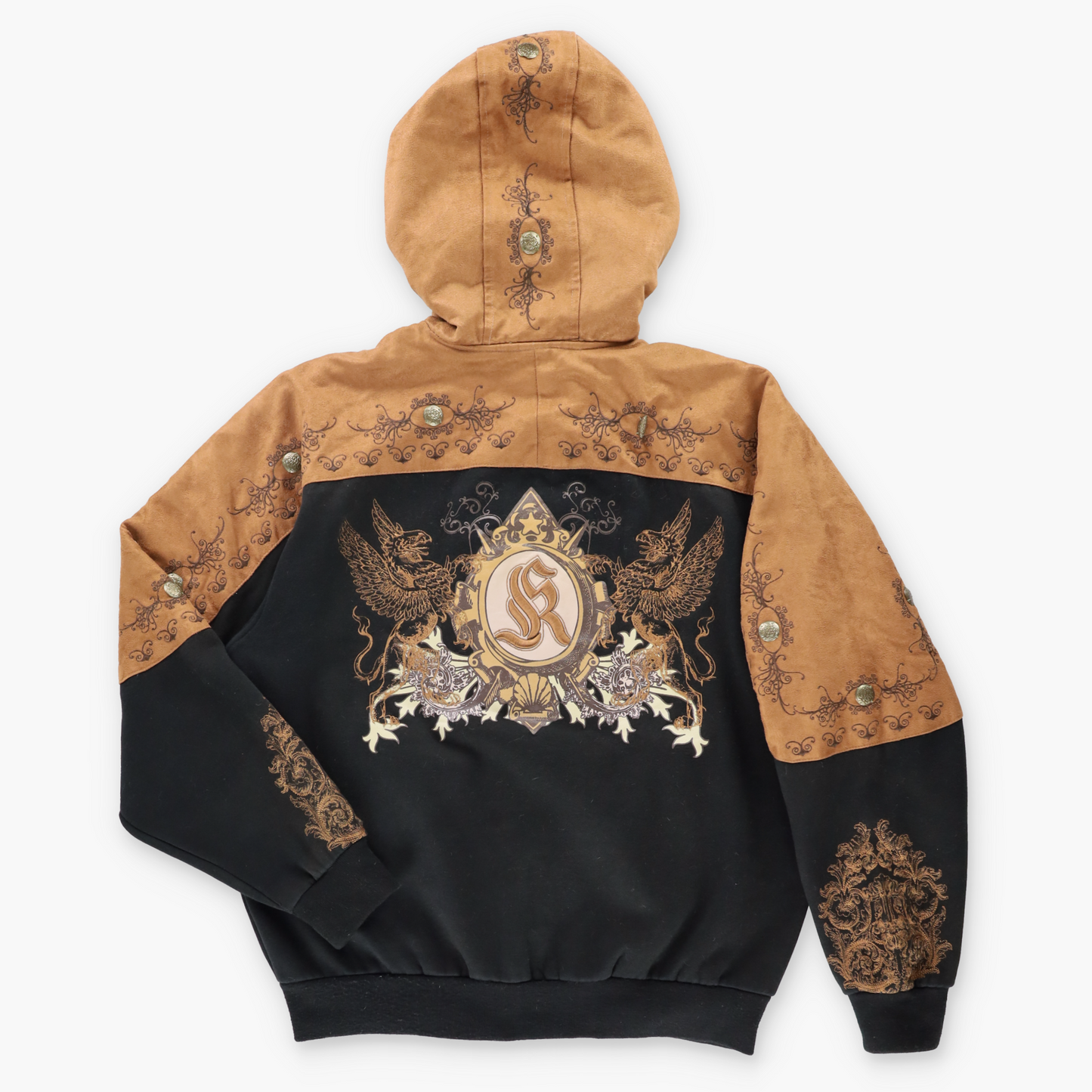 Vintage KANJI JEANS Embroidered Faux Suede & Medallion Detail Full Zip Hoodie Sweatshirt (L) ***COCO Vintage Sole Melbourne