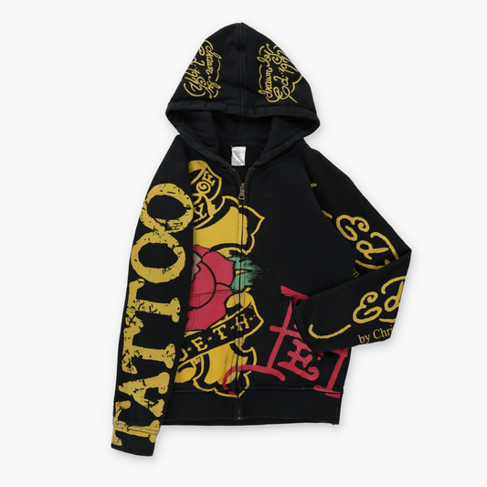 ED HARDY X CHRISTIAN AUDIGIER 'Tattoo' Y2K Style Black Full Zip Hoodie Sweatshirt (S-M)