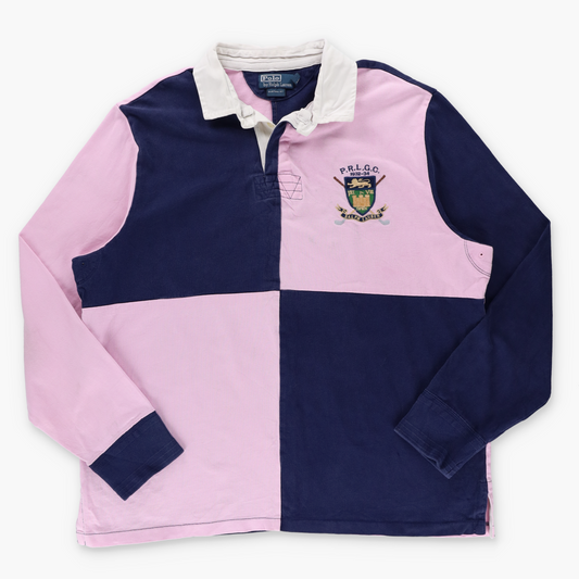 RALPH LAUREN POLO 'Custom Fit' Long-Sleeve Pink & Navy Blue Colour Block Rugby Jumper (XXL)