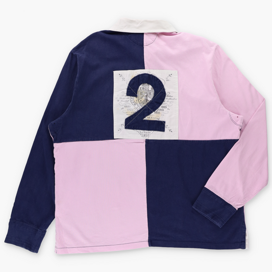 RALPH LAUREN POLO 'Custom Fit' Long-Sleeve Pink & Navy Blue Colour Block Rugby Jumper (XXL)