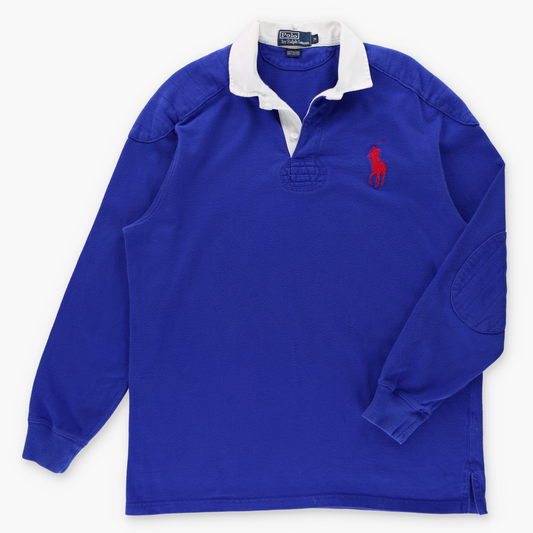 RALPH LAUREN POLO Bright Blue & Red Embroidered Big Pony Rugby Sweatshirt (M-L)