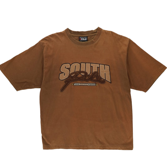 SOUTH POLE Y2K Brown Embroidered Large Logo Cotton T-Shirt (XL)