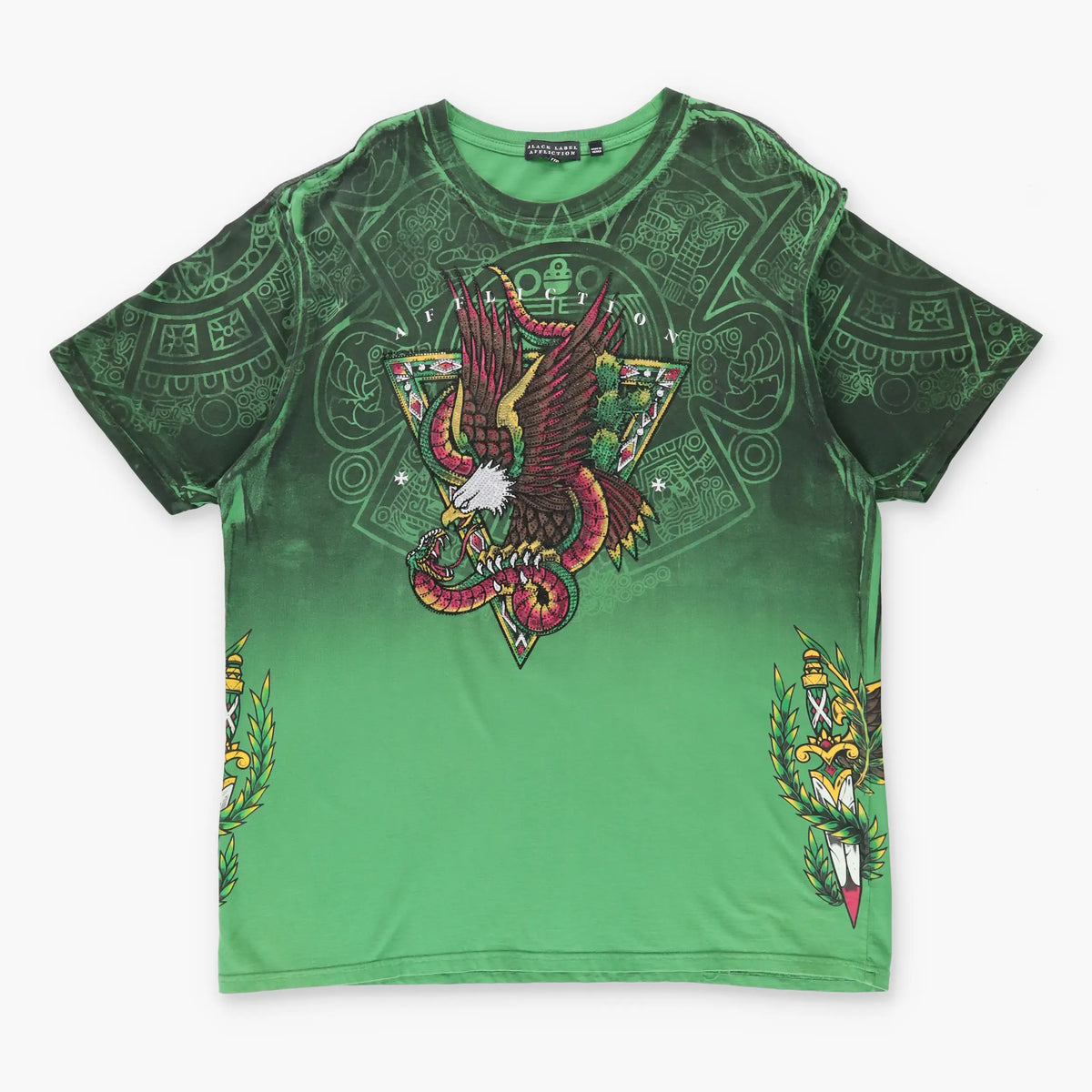 Vintage AFFLICTION Y2K Embellished Eagle Front Back Green T-Shirt (XXL)