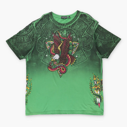 Vintage AFFLICTION Y2K Embellished Eagle Front Back Green T-Shirt (XXL)