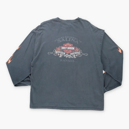 Vintage HARLEY DAVIDSON Y2K 'Wanted' Flame Skull Long Sleeve Motorcycle T-Shirt (XL)