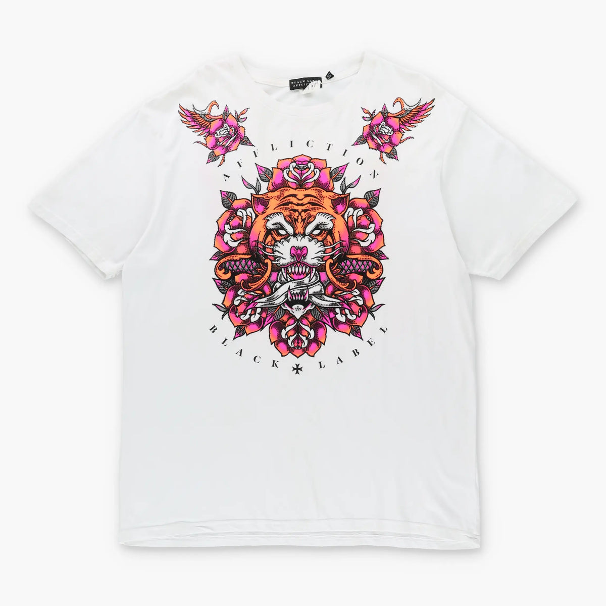 Vintage AFFLICTION Y2K Fluro Embellished Tiger Wing White T-Shirt (XL)