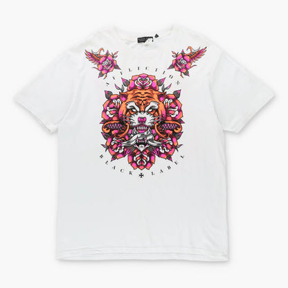Vintage AFFLICTION Y2K Fluro Embellished Tiger Wing White T-Shirt (XL)