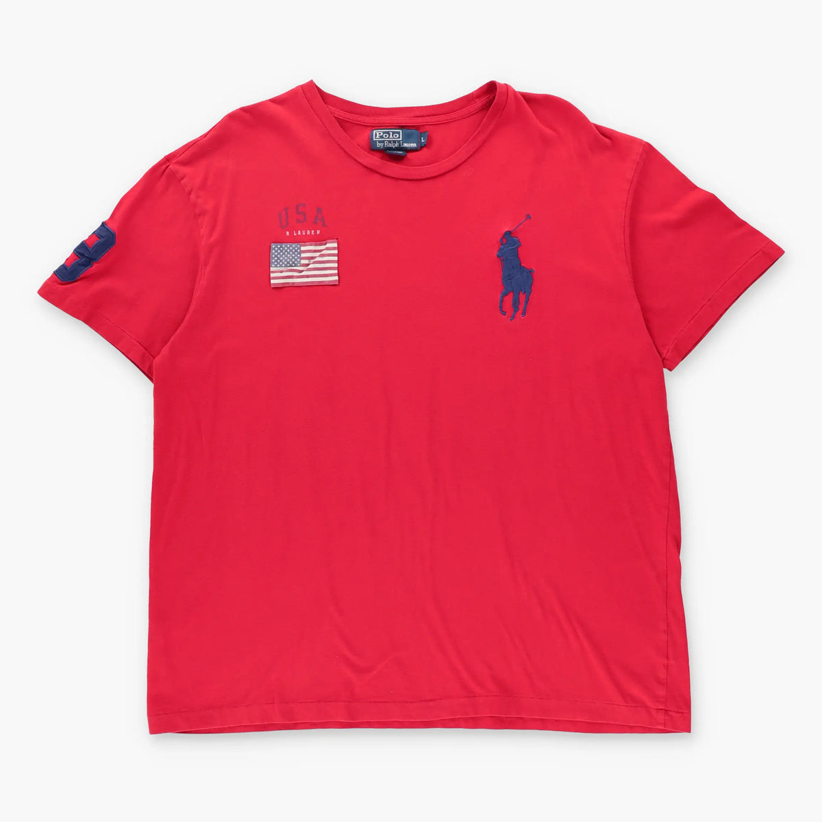 Vintage POLO RALPH LAUREN USA Flag #3 Embroidered Big Pony Red T-Shirt (L)
