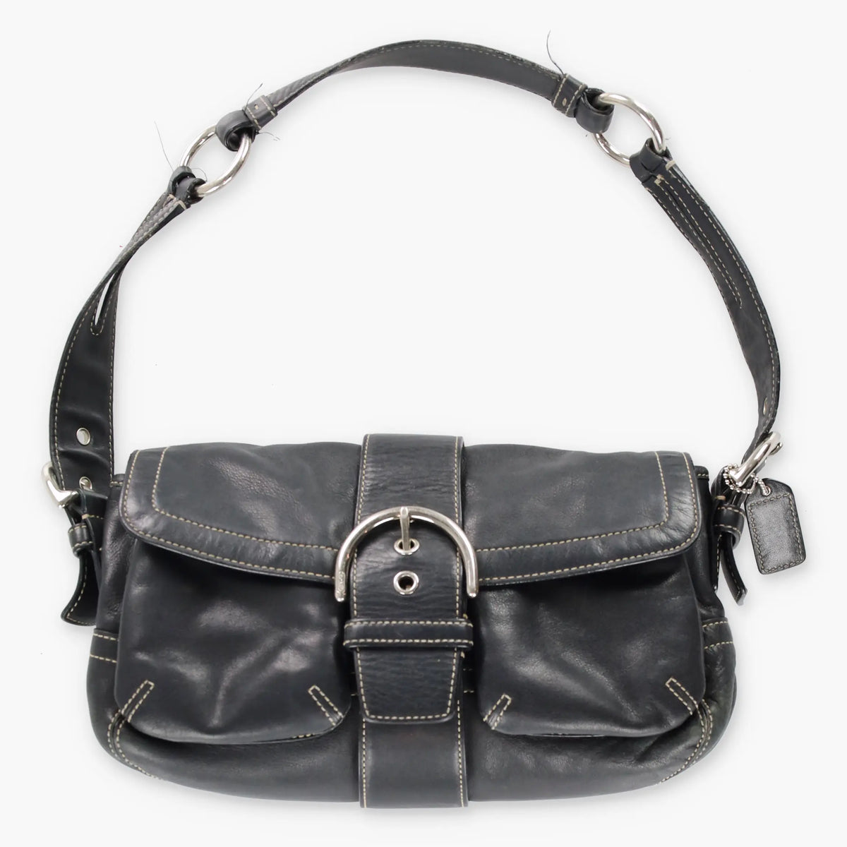 Vintage COACH J053 3653 Soho Double Pocket Black Leather Contrast Stitch Shoulder Handbag Bag