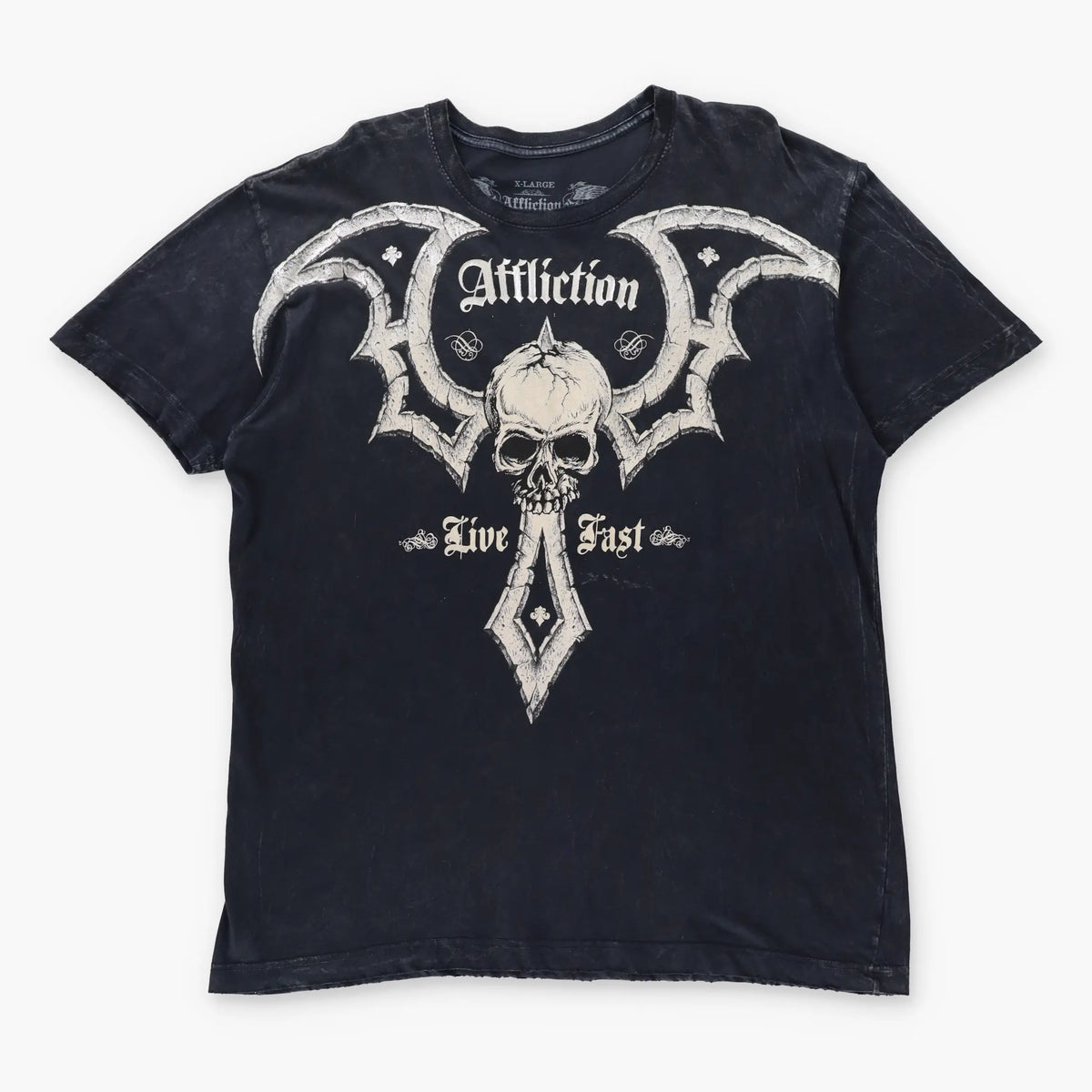 Vintage AFFLICTION Y2K Skull Wing Shimmer Print Grunge USA Made Distressed T-Shirt (XL)