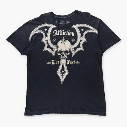 Vintage AFFLICTION Y2K Skull Wing Shimmer Print Grunge USA Made Distressed T-Shirt (XL)