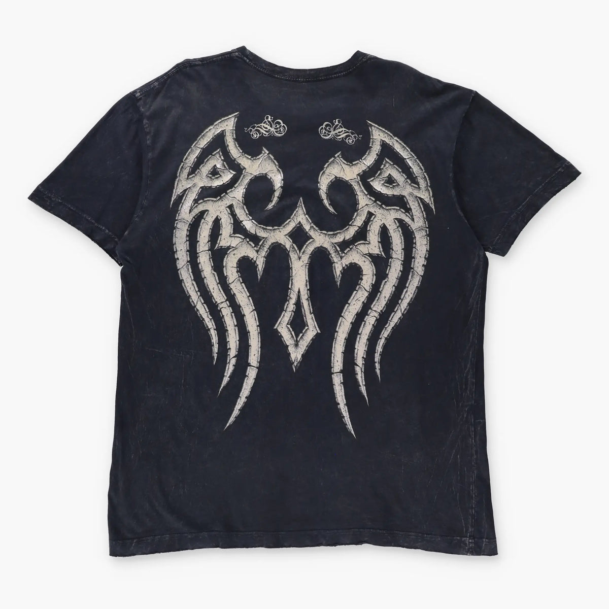 Vintage AFFLICTION Y2K Skull Wing Shimmer Print Grunge USA Made Distressed T-Shirt (XL)