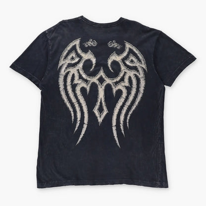 Vintage AFFLICTION Y2K Skull Wing Shimmer Print Grunge USA Made Distressed T-Shirt (XL)