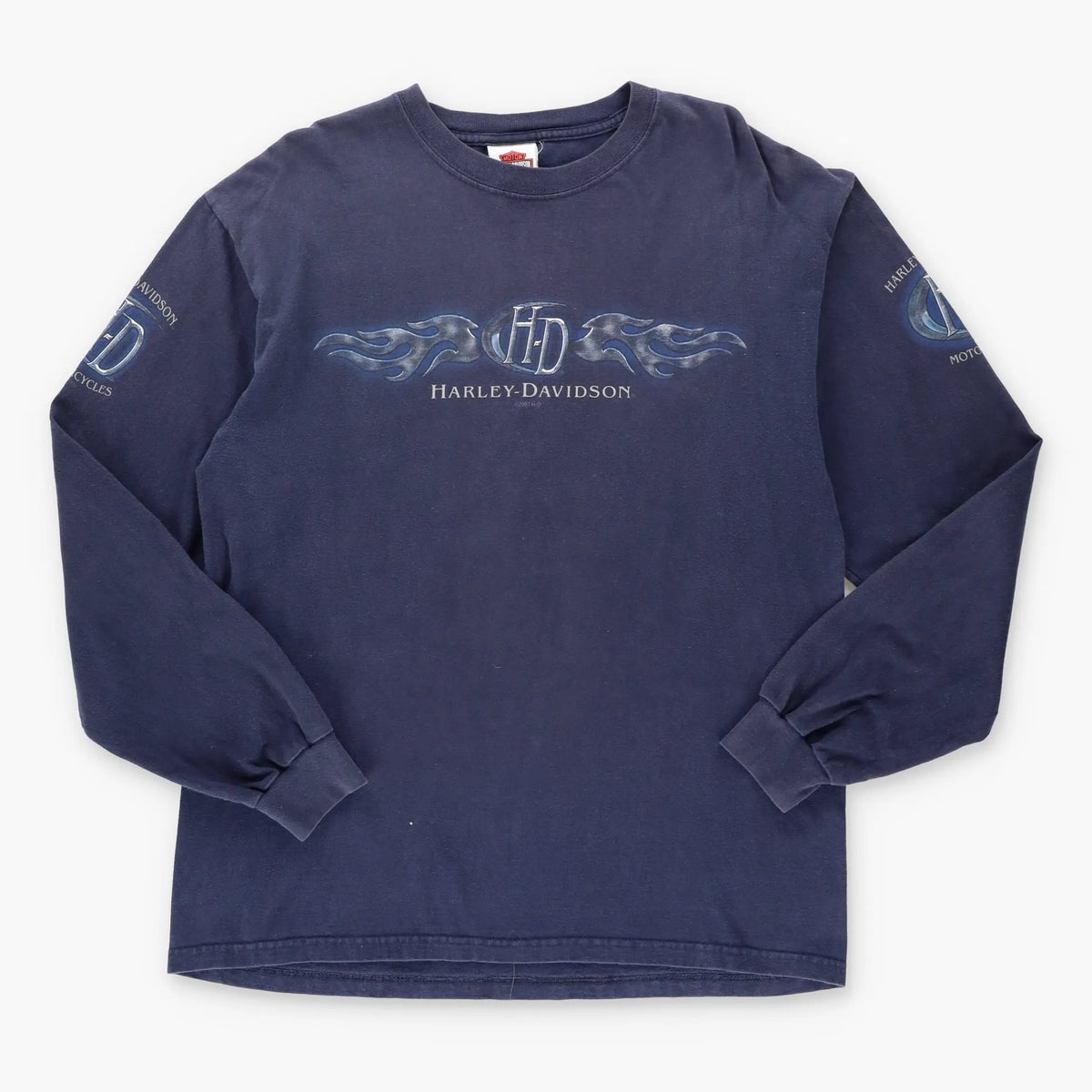 Vintage HARLEY DAVIDSON Y2K Blue Flame USA Made Long Sleeve Motorcycle T-Shirt (L)