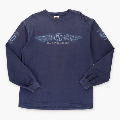 Vintage HARLEY DAVIDSON Y2K Blue Flame USA Made Long Sleeve Motorcycle T-Shirt (L)