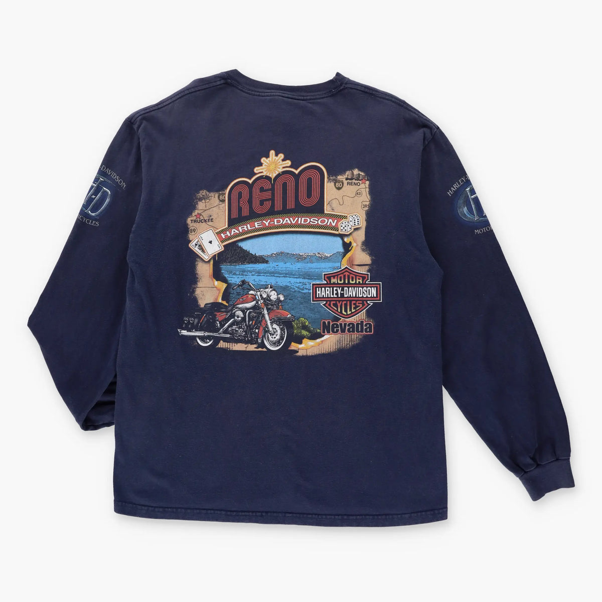 Vintage HARLEY DAVIDSON Y2K Blue Flame USA Made Long Sleeve Motorcycle T-Shirt (L)