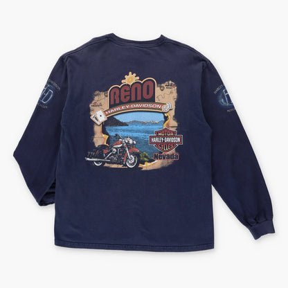 Vintage HARLEY DAVIDSON Y2K Blue Flame USA Made Long Sleeve Motorcycle T-Shirt (L)