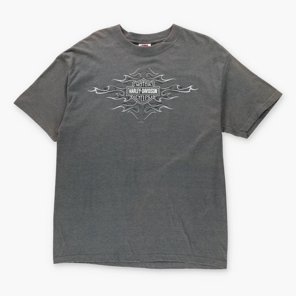Vintage HARLEY DAVIDSON Y2K Grey Flame Logo Kentucky USA Made Motorcycle T-Shirt (L-XL)