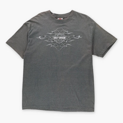 Vintage HARLEY DAVIDSON Y2K Grey Flame Logo Kentucky USA Made Motorcycle T-Shirt (L-XL)