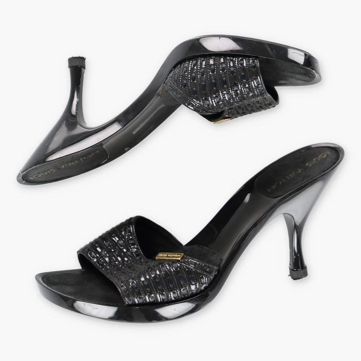 Vintage LOUIS VUITTON Woven Leather Patent Black Mule Heels (36.5)