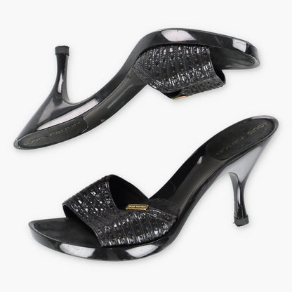 Vintage LOUIS VUITTON Woven Leather Patent Black Mule Heels (36.5)