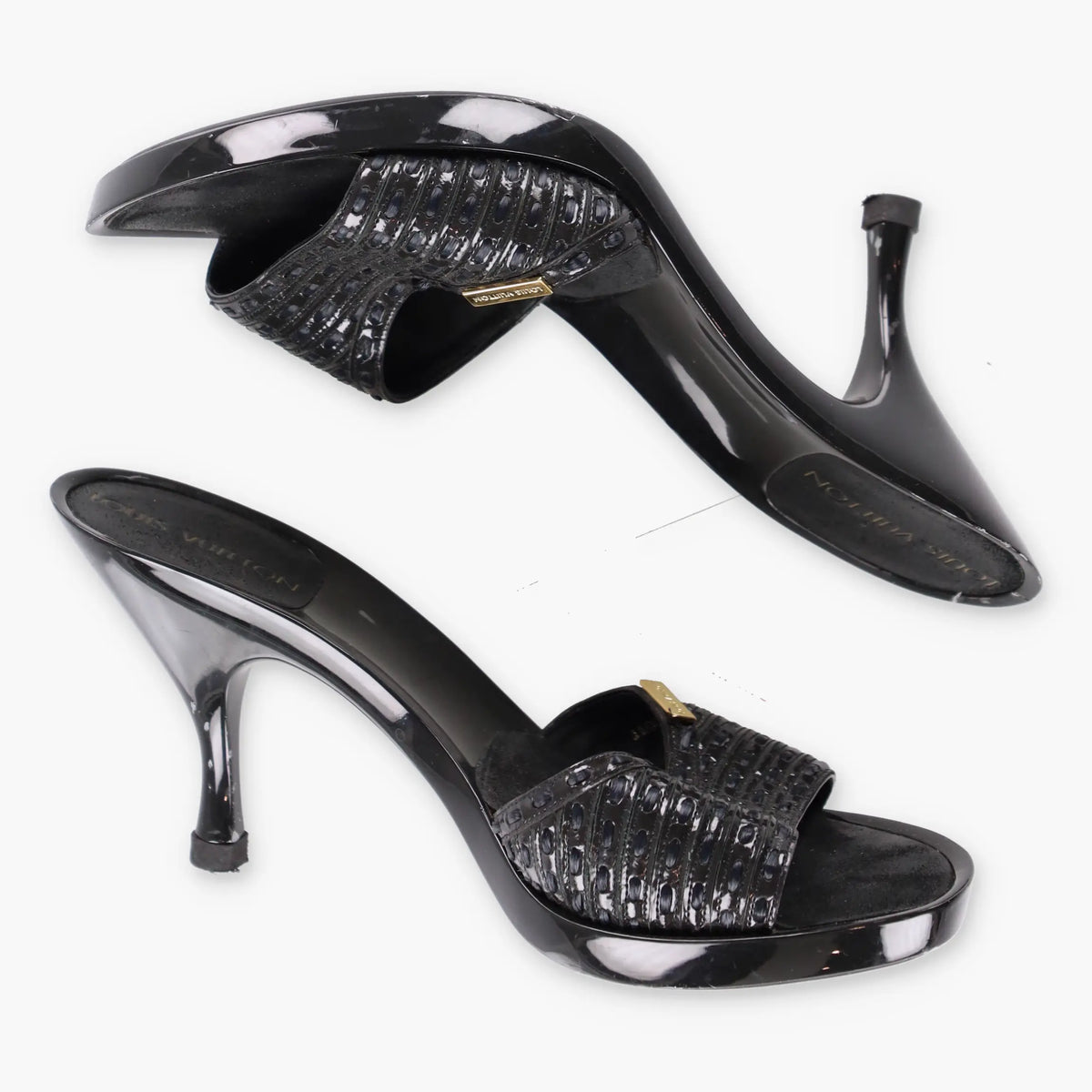Vintage LOUIS VUITTON Woven Leather Patent Black Mule Heels (36.5)