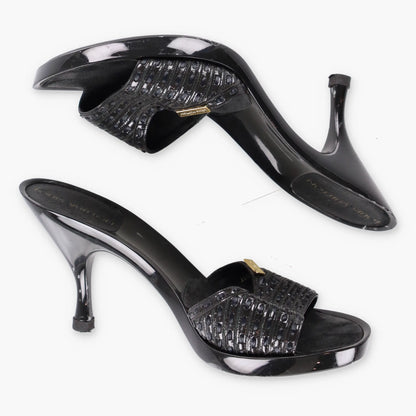 Vintage LOUIS VUITTON Woven Leather Patent Black Mule Heels (36.5)