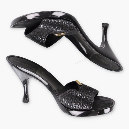 Vintage LOUIS VUITTON Woven Leather Patent Black Mule Heels (36.5)
