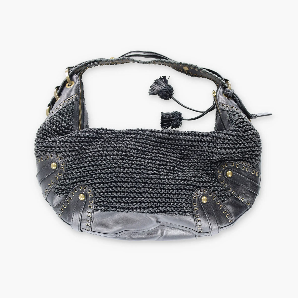 ISABELLA FIORE Woven Black Leather Hobo Bag