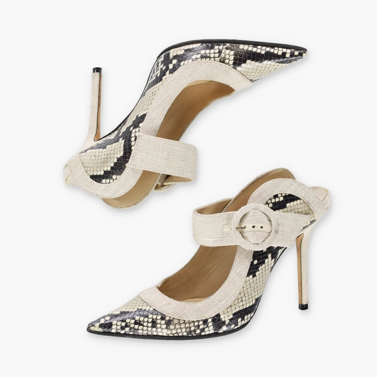 JIMMY CHOO 'Hendrix' Snakeskin & Linen Buckle Italian Made Stiletto Mule (37)