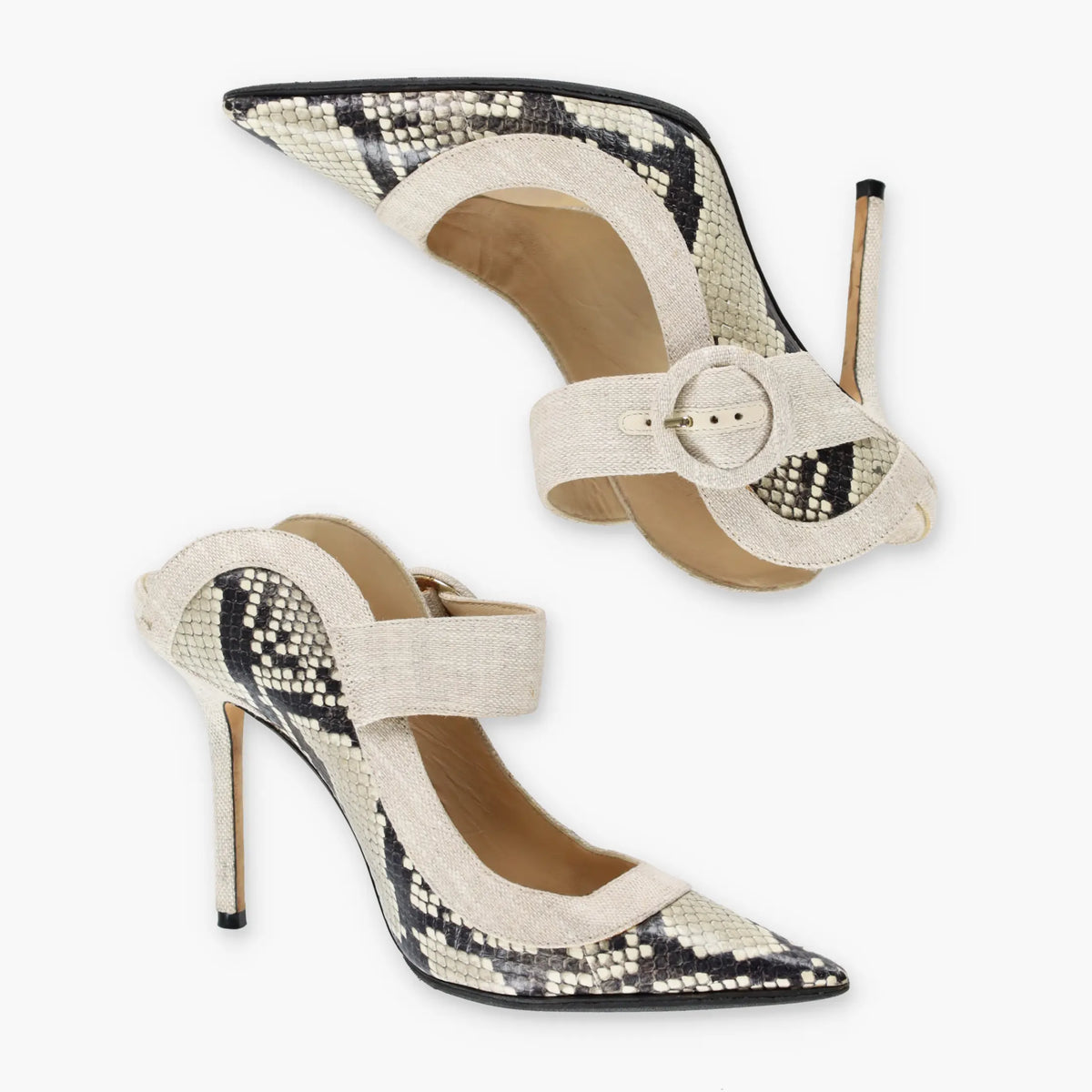 JIMMY CHOO 'Hendrix' Snakeskin & Linen Buckle Italian Made Stiletto Mule (37)