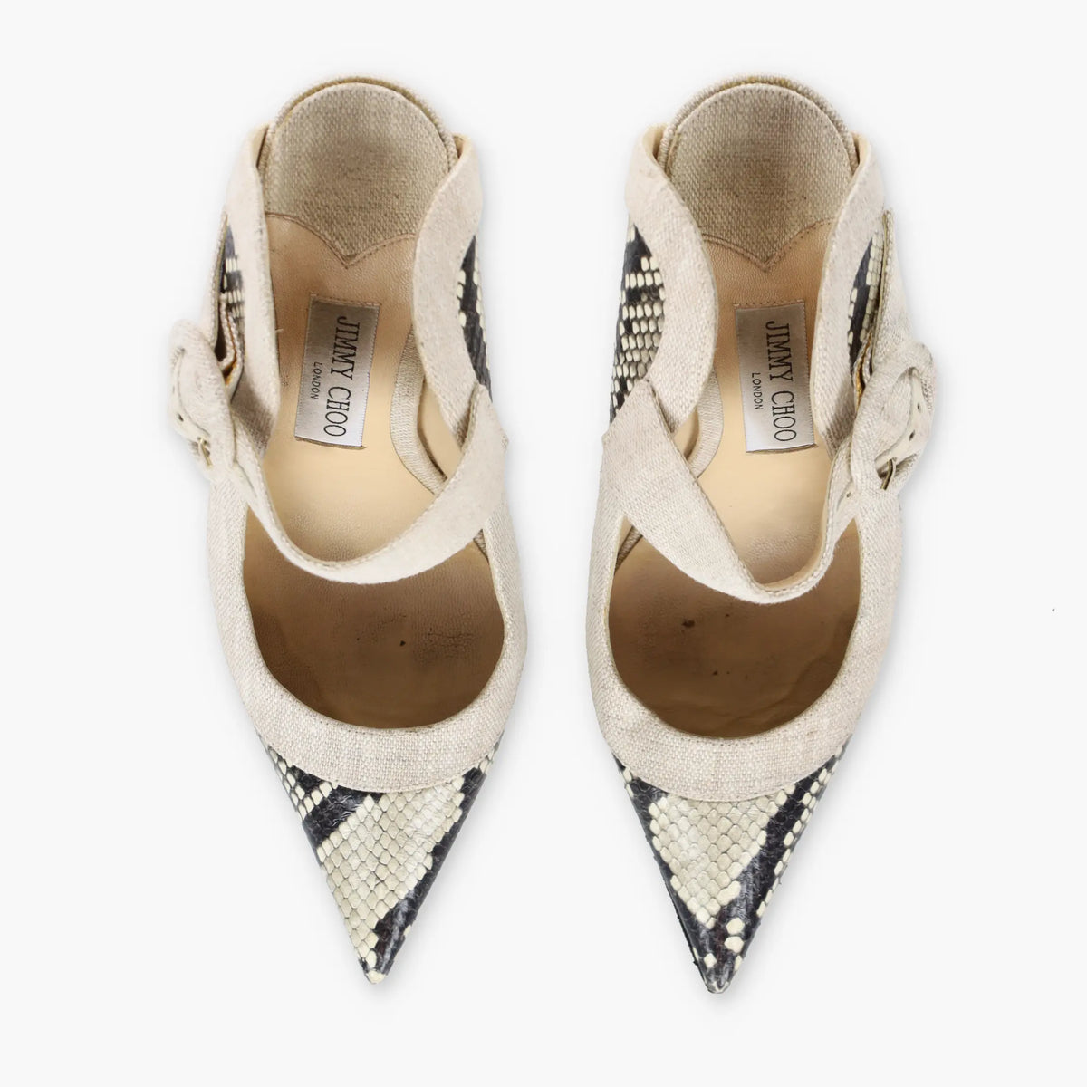 JIMMY CHOO 'Hendrix' Snakeskin & Linen Buckle Italian Made Stiletto Mule (37)