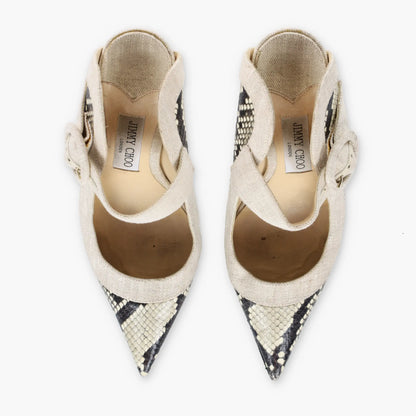 JIMMY CHOO 'Hendrix' Snakeskin & Linen Buckle Italian Made Stiletto Mule (37)