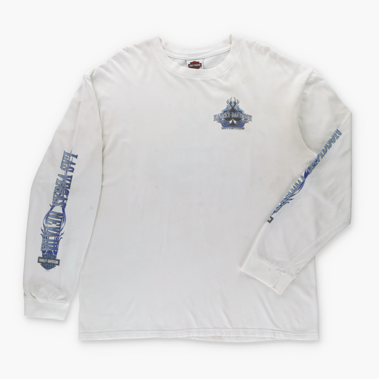 HARLEY DAVIDSON Blue & White Flame Logo Las Vegas Long Sleeve Tee (L-XL)