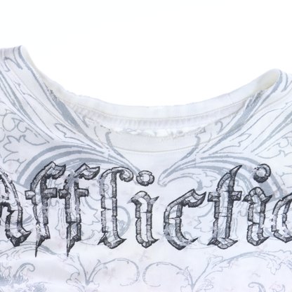 AFFLICTION Rare Winged Cross Silver & White USA Made Y2K T-Shirt (XL)