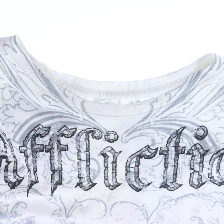 AFFLICTION Rare Winged Cross Silver & White USA Made Y2K T-Shirt (XL)