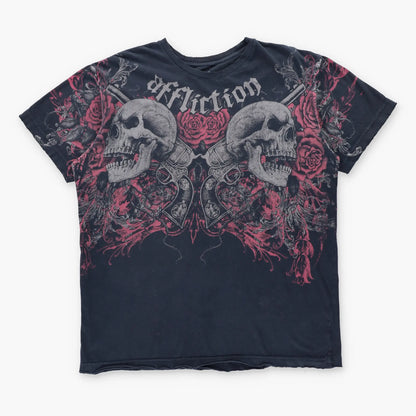 AFFLICTION Skulls & Pistols Y2K Style Distressed Black T-Shirt (L)