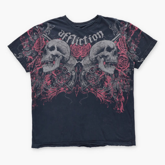 AFFLICTION Skulls & Pistols Y2K Style Distressed Black T-Shirt (L)