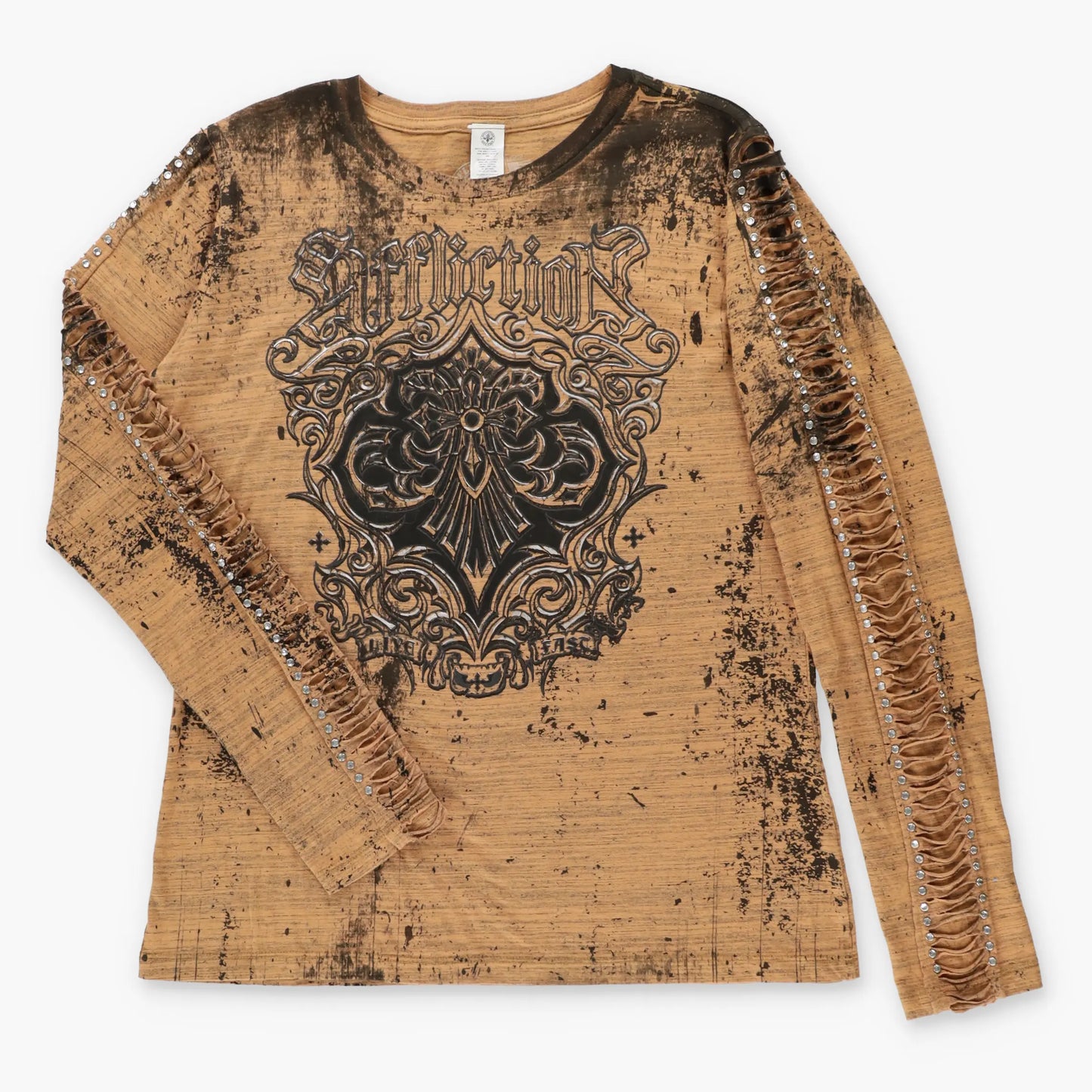 Vintage AFFLICTION Distressed Light Brown Acid Wash "Live Fast" Embellished Long Sleeve Tee (Women's L)