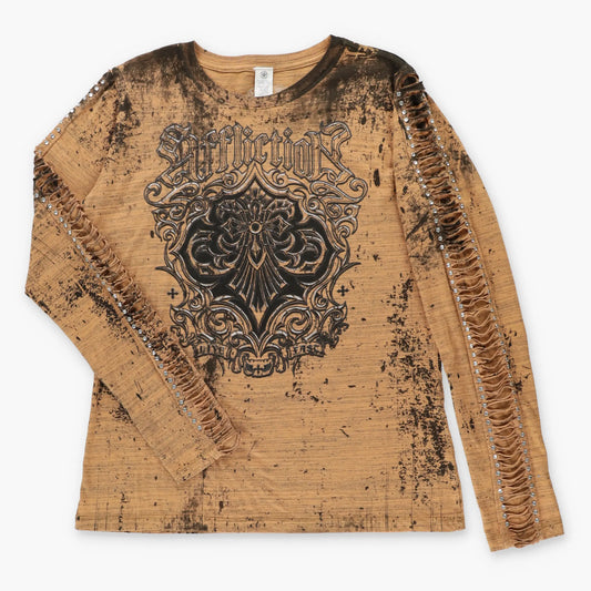 Vintage AFFLICTION Distressed Light Brown Acid Wash "Live Fast" Embellished Long Sleeve Tee (Women's L)