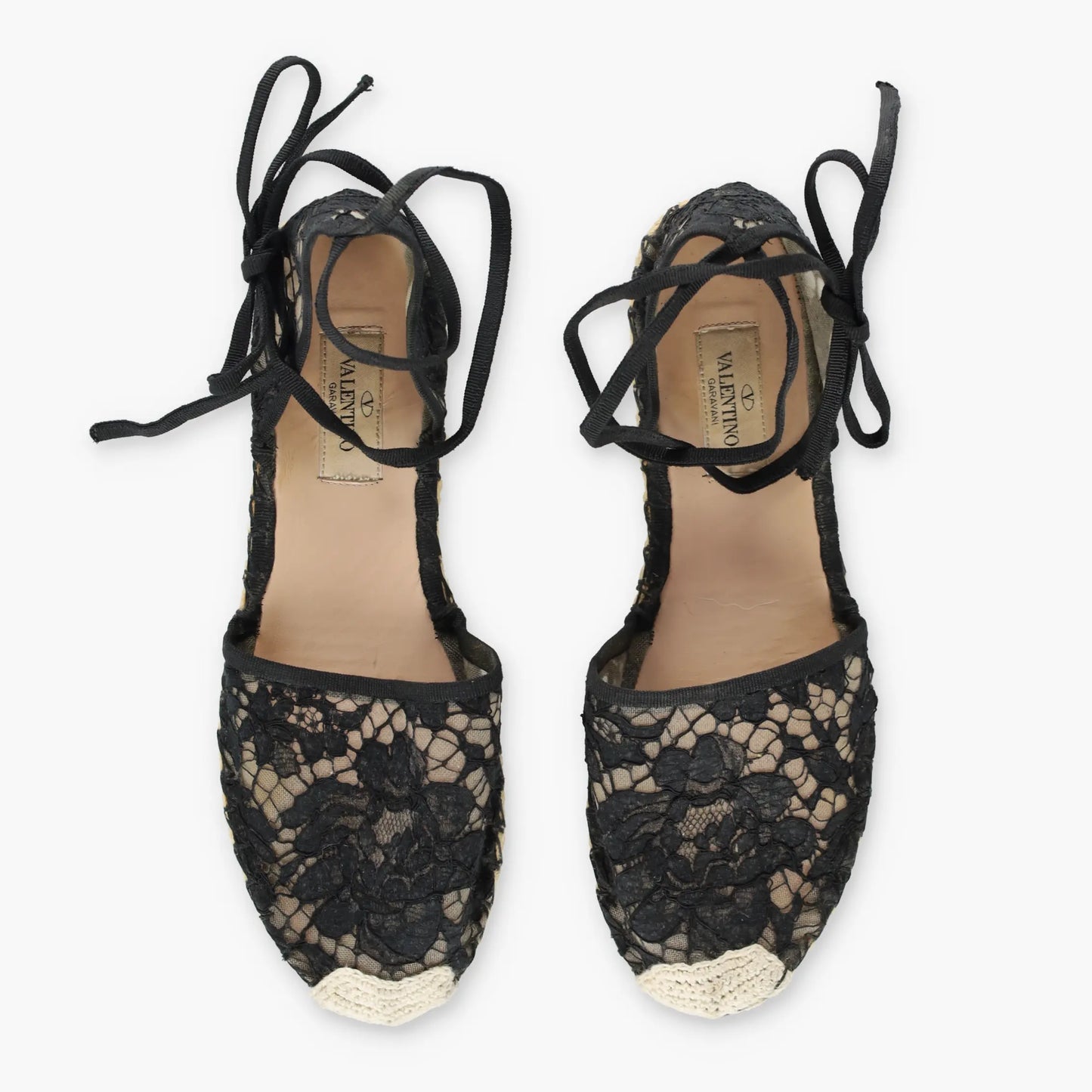 VALENTINO GARAVANI Black Lace & Beige Mesh Ankle Tie Espadrille Flats (38)